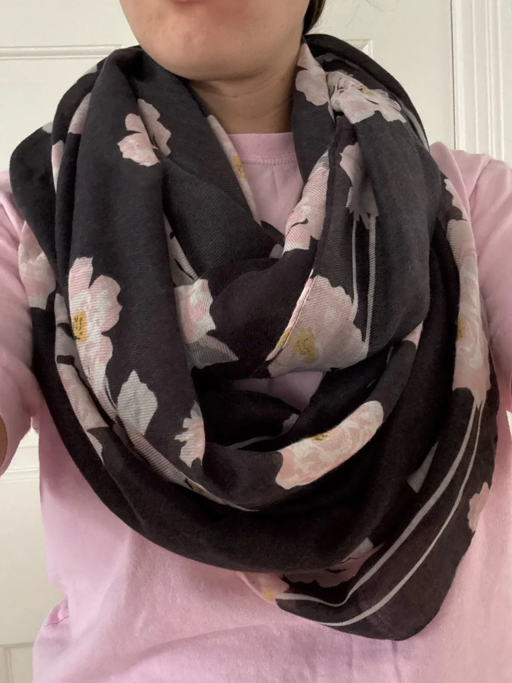 LOFT Dark Grey Infinity Scarf with Pink Floral Print